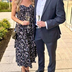 Black Floral Print Tiered Bustier Midi Dress